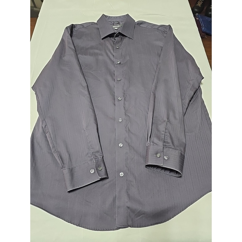 Kenneth Cole REACTION Shirt Mens 16.5 GRAY Stripe Large Reg Fit Button Up Preppy
